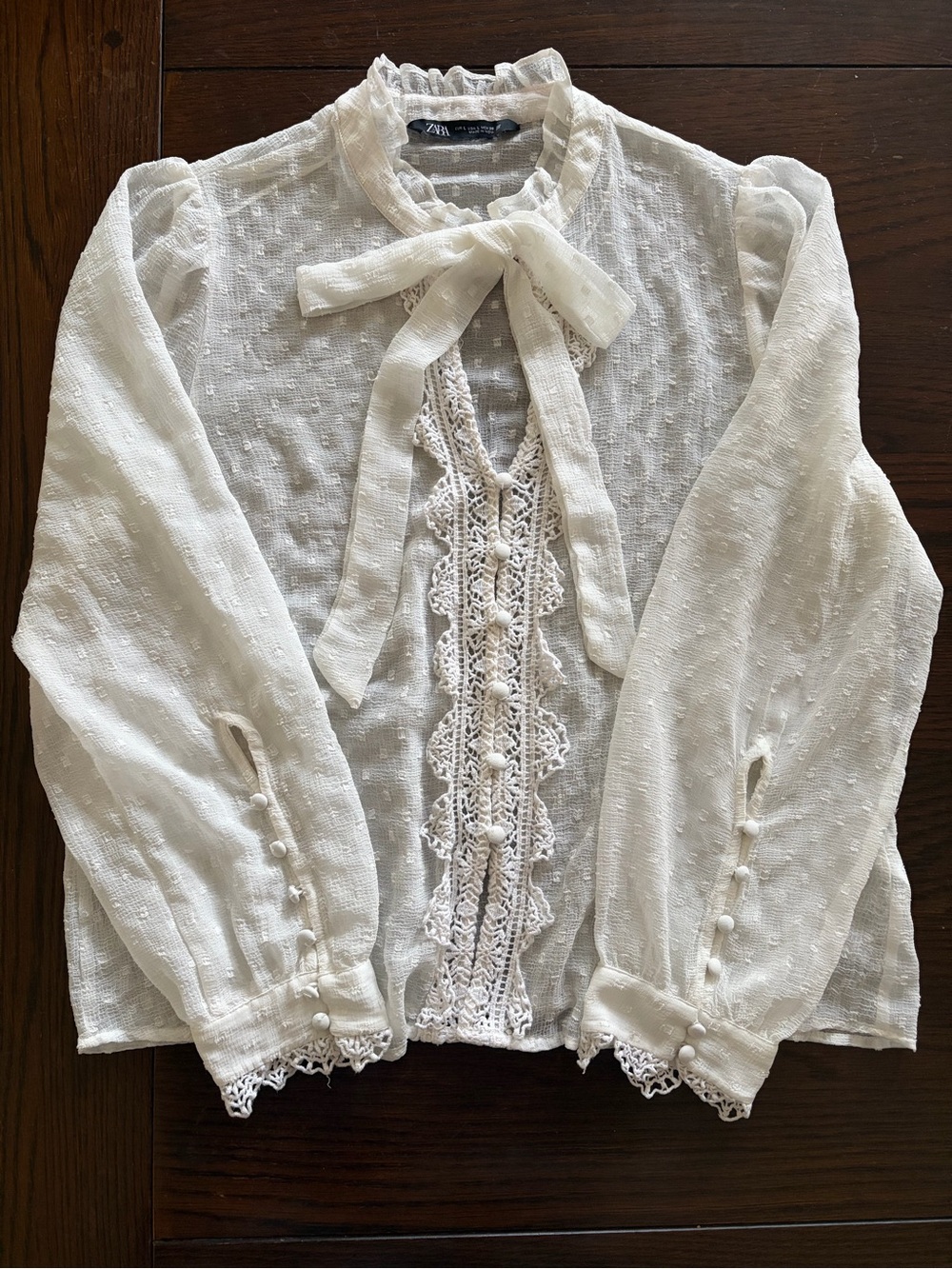 Zara Long Sleeve Sheer Romantic Blouse With Lace Size L